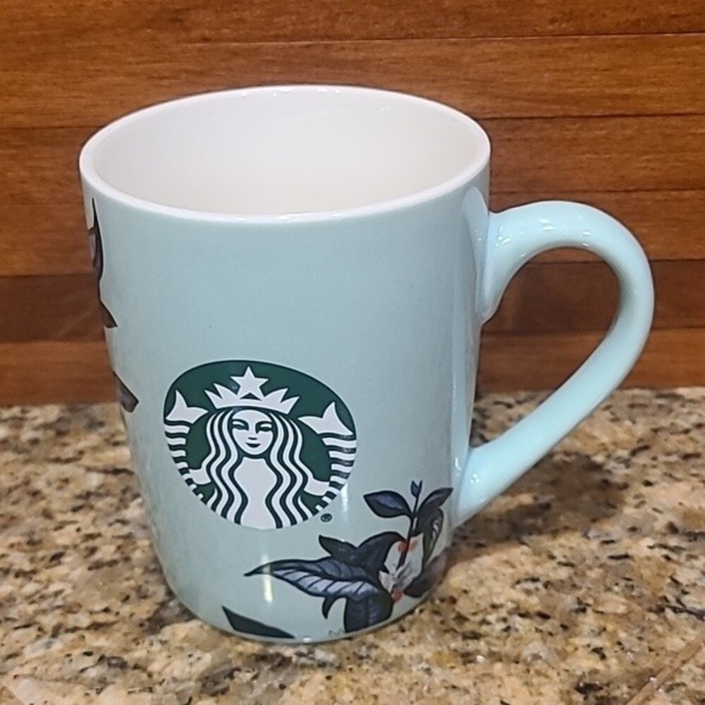 Starbucks Coffee Mug 10 oz Ceramic Cup Mint Green & Blue Floral